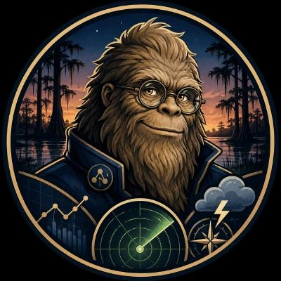 Chatawa Labs Bigfoot emblem with weather radar and financial charts