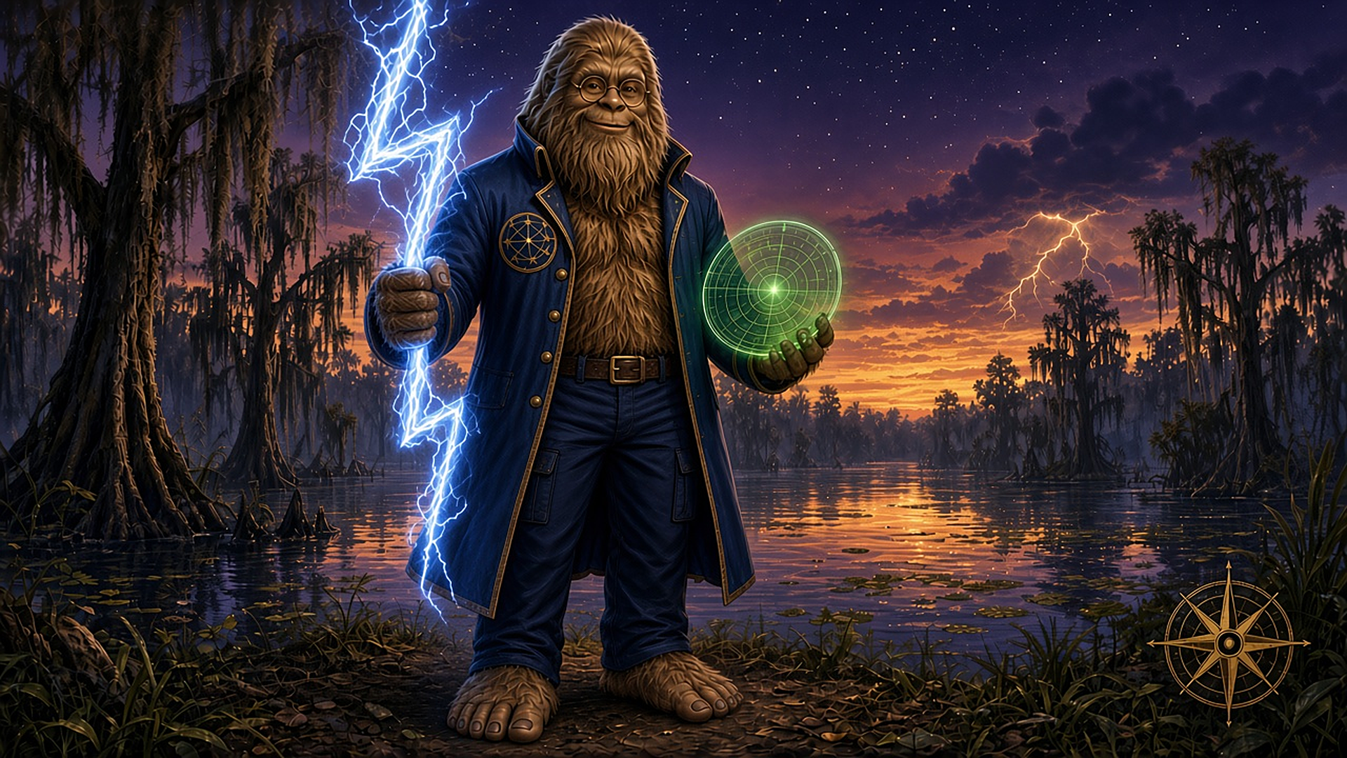 Bigfoot in a blue coat holding lightning and a green weather radar in a cypress swamp at sunset